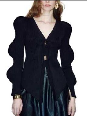 Black Puff-Sleeve Ribbed V-Neck Cardigan with Sculpted Sleeves